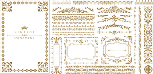Gold vintage frames. Set of Decorative borders set, floral ornament, Vector antique decor - obrazy, fototapety, plakaty
