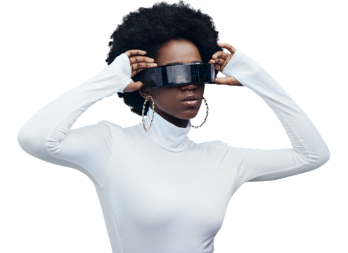Woman, vr or futuristic sunglasses for fashion, designer brand and style isolated on transparent, png background. Trendy tech or african person in virtual reality vision, metaverse and matrix glasses