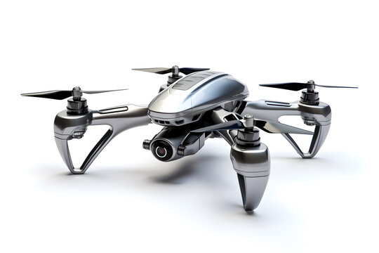 a silver drone with black wings isolated on white background