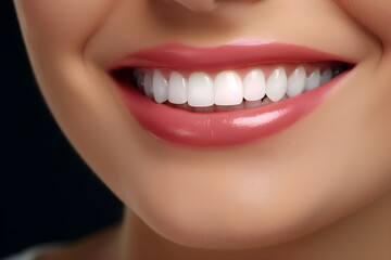 Naklejka premium close up of smile with white healthy teeth. Close up cropped half face portrait of attractive, nude, natural, perfect, ideal girl with healthy white teeth