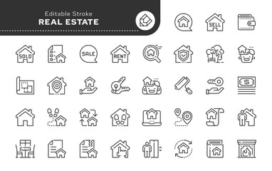 Line icon set. Real estate. Buying, selling and renting a house. Mortgages and housing loans. Vector icon pack. Web icons in outline linear style.
