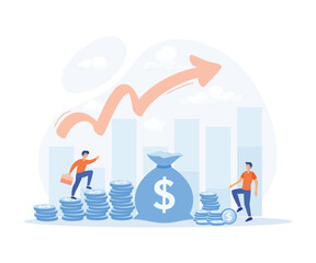 Business growth Concept, Business people stepping up on  coins against a growing upward graph, flat vector modern illustration