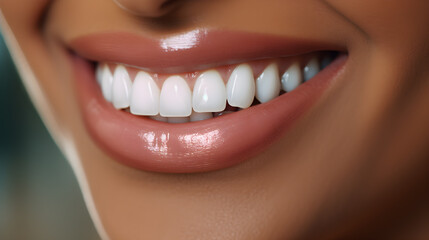 Obraz premium close up of smile with white healthy teeth. Close up cropped half face portrait of attractive, nude, natural, perfect, ideal girl with healthy white teeth