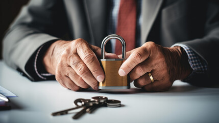 A senior man with a padlock. Symbolizing protection of financial information 