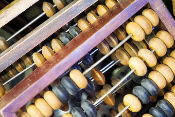 Simple mechanical device for performing arithmetic calculations. Vintage abacus for calculation,...