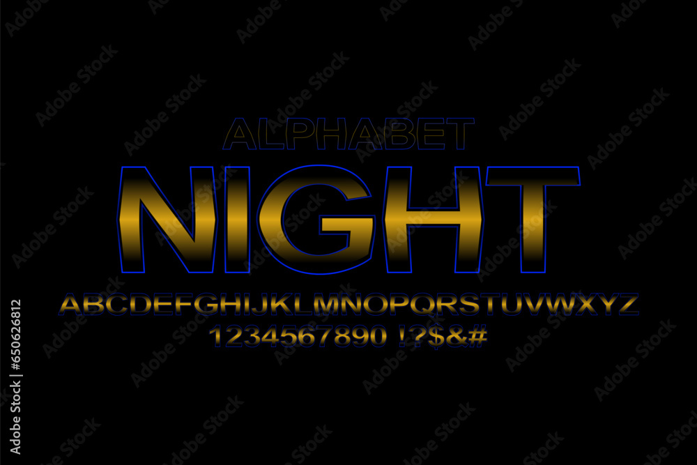 Poster stylish luxurious alphabet and numbers. typography font style with golden gradient fill and blue out