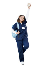 Woman, backpack and portrait for medical student, smile and hospital internship with education....