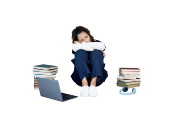 Laptop, books and stress with a woman student isolated on a transparent background for healthcare. Computer, research and fatigue of young medicine professional or nurse PNG tired from medical study