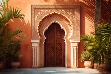 Fototapeta premium Door with Moorish arch in a terracotta building
