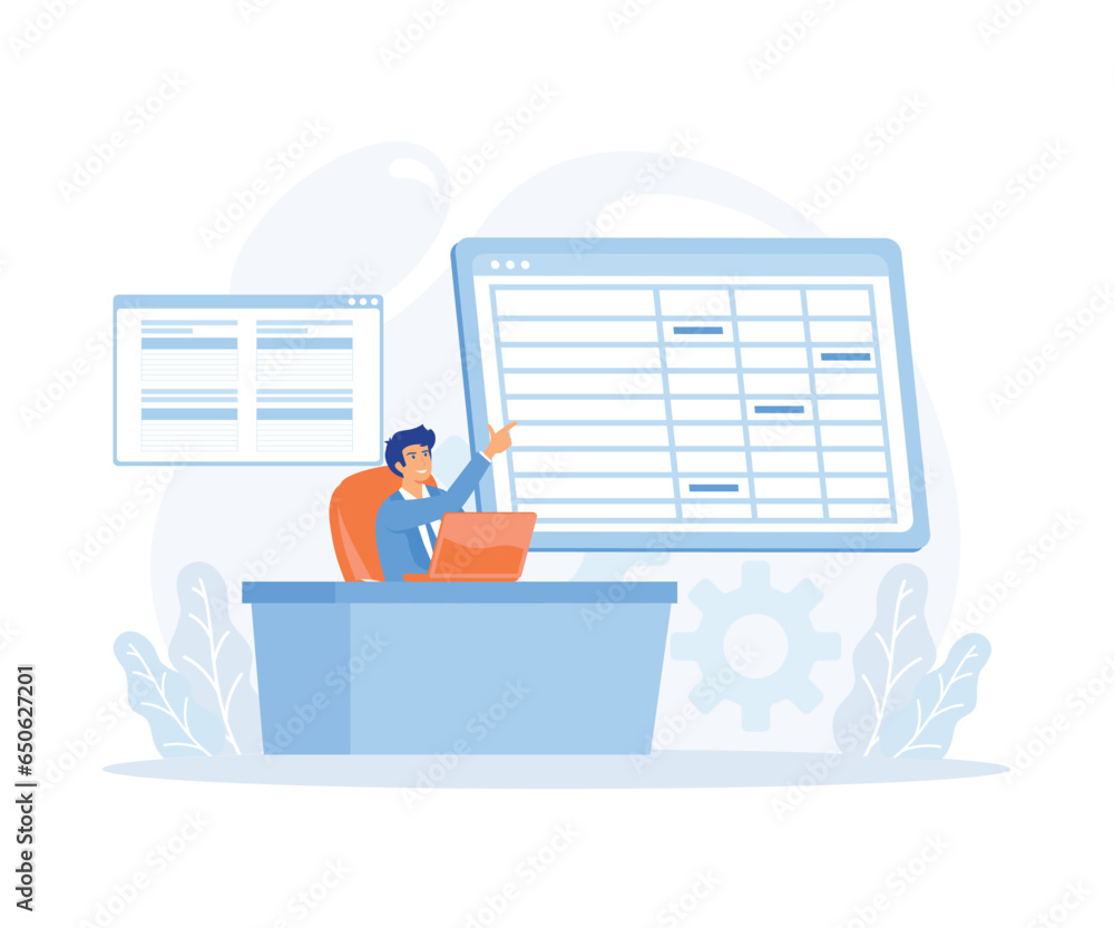 Poster man working with big data and databases, making analysis and report with spreadsheets on computer. f