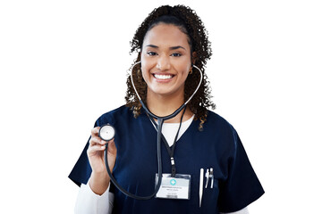 Doctor portrait, happy woman and stethoscope in cardiology, healthcare service and support or...