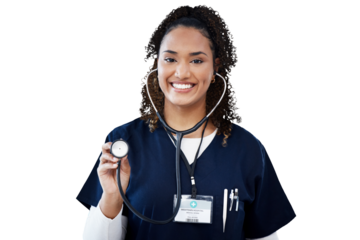 Doctor portrait, happy woman and stethoscope in cardiology, healthcare service and support or check. Heart, patient POV and african nurse in medical services isolated on a transparent, png background