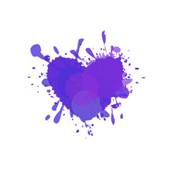 Purple heart with paint stains and splatters. Paint sprayed vector heart isolated on white. 