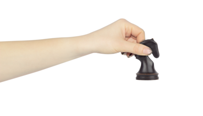 chess horse in outstretched hand isolated from background, chess game concept, chess horse move