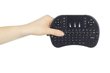 Wireless mini keyboard with touchpad in outstretched hand isolated from background