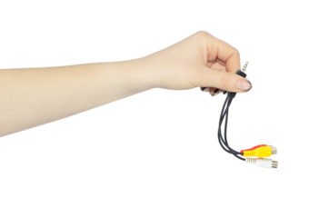 Value Jack to 3 RCA M/F adapter, audio cable in outstretched hand, isolated from background