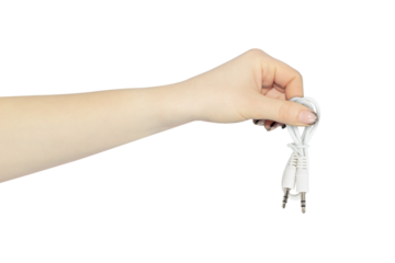TRRS audio jack, aux cable in hand isolated from background, concept to pass or throw away