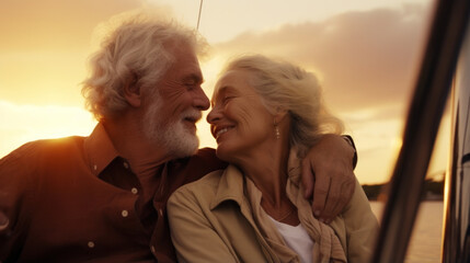 Affectionate senior couple enjoying a serene boat trip at sunset: A visualization of insurance and retirement pension plan benefits. - obrazy, fototapety, plakaty