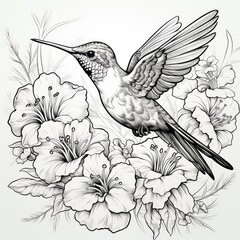 Obraz premium Cute Hummingbird darts between flowers in cartoon style on a white background