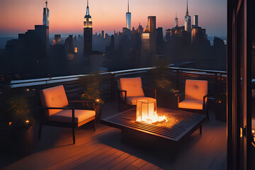 New york city at dusk with armchairs and amazing sunset in the rooftop