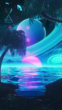 Vertical video Retrowave synthwave loop animation with neon ocean, planet, and galaxy