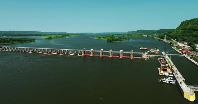 Aerial View Of Lock and Dam No. 4 On the Upper Mississippi River Near Alma, Wisconsin and Kellogg, Minnesota, USA.