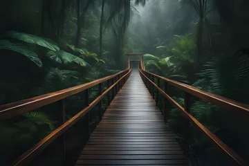 Foto op Plexiglas Wooden bridge in the rainy forest © indofootage