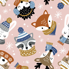 Seamless vector pattern with cute woodland animal heads. Perfect for textile, wallpaper or print design.