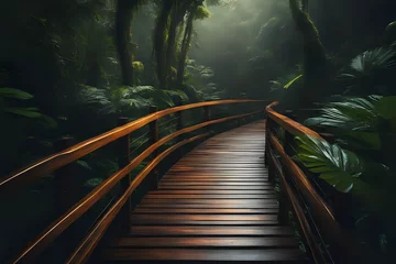 Selbstklebende Fototapeten Wooden bridge in the rainy tropical forest © indofootage