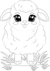 Coloring page fluffy lamb grazing in a green pasture