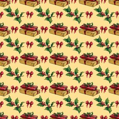 Seamless Pattern New year and Merry Christmas.Color illustration. Santa, candel, present, gift, Christmas tree, for print, digital paper, fabric, textile, yellow bakground