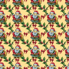 Seamless Pattern New year and Merry Christmas.Color illustration. Santa, candel, present, gift, Christmas tree, for print, digital paper, fabric, textile, yellow bakground