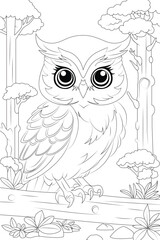 Coloring page a owl perched on a mossy branch