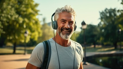 Happy positive mature man with broad in headphones smile while doing sport in city park- generative AI, fiction Person