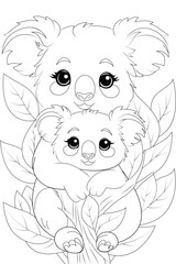 Coloring page a pair of fuzzy koalas cuddling in a tree