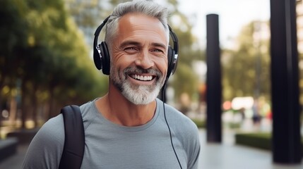 Happy positive mature man with broad in headphones smile while doing sport in city park- generative AI, fiction Person