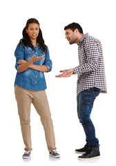 Divorce, fight or problem with portrait of couple, man and woman in upset, stress or conflict....