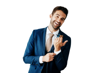 Portrait, happy man and wedding suit with a groom getting ready isolated on transparent background. Fashion, style and smile with a young person dressing in clothes for an event or ceremony on PNG