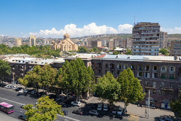 Yerevan cityscape. Summer in Armenia. Yerevan view from quadcopter. Streets of Armenia. Armenian...