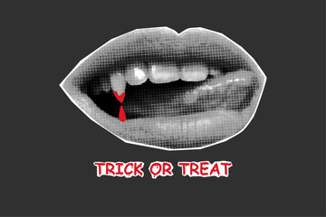 Halftone collage of a mouth with vampire fangs. Banner in trendy retro halftone style, paper cut elements, trick or treat, halloween.