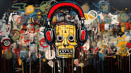 Abstract dee jay painting. Colorful Dj in headphones painted with thick brushstrockes and various colors. - obrazy, fototapety, plakaty