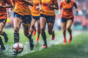 A group of women playing soccer in the rain