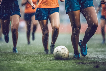 Women playing football in the rain