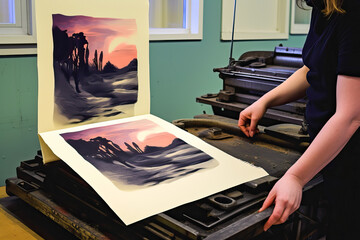 A person creating a large-scale print - obrazy, fototapety, plakaty