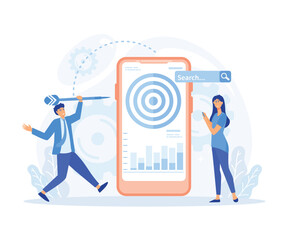 Seo targeting and performance concept. Characters discussing marketing and seo strategy, flat vector modern illustration