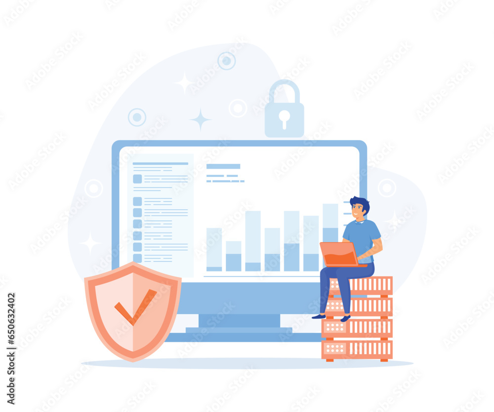 Poster database security, phishing, hacker attack concept. hackers stealing personal data, flat vector mode