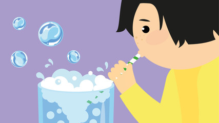 A boy blows through a tube into a bowl of soapy water. Vector illustration in cartoon style.