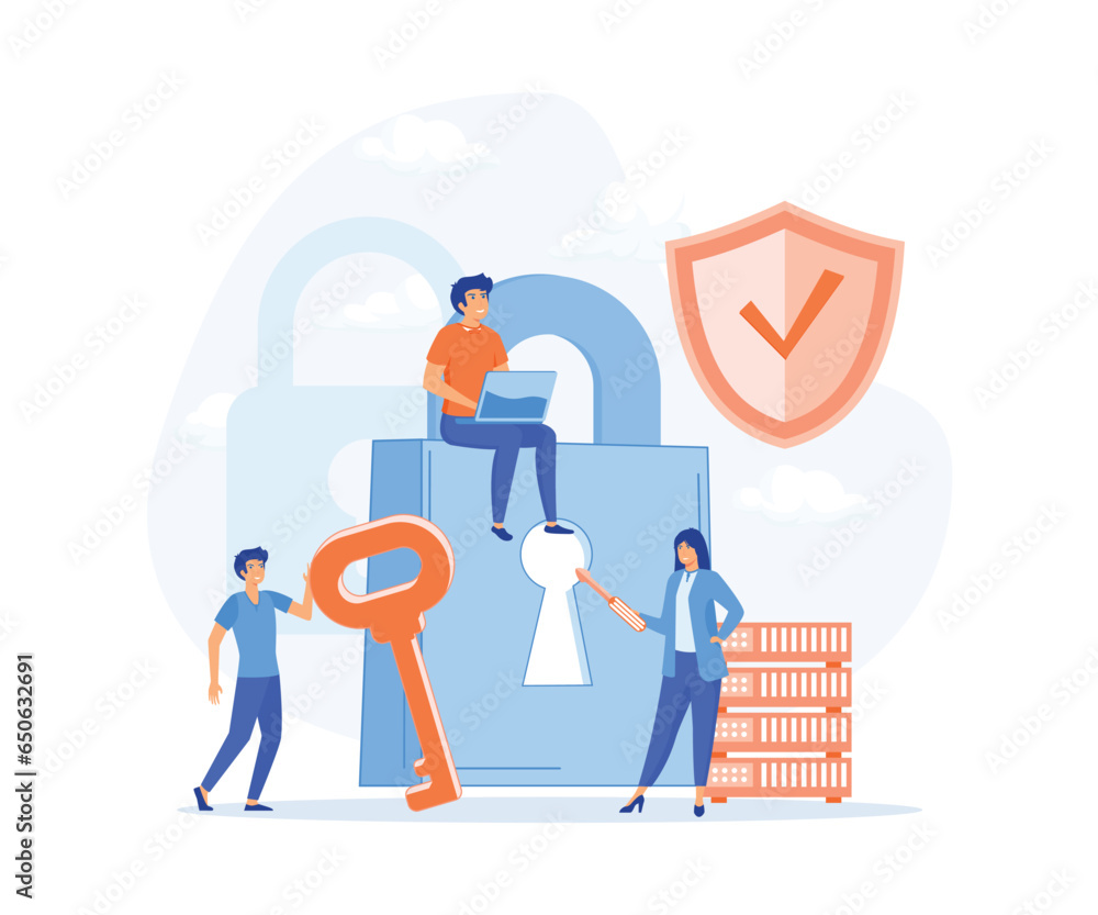 Poster database security, phishing, hacker attack concept. hackers stealing personal data, flat vector mode