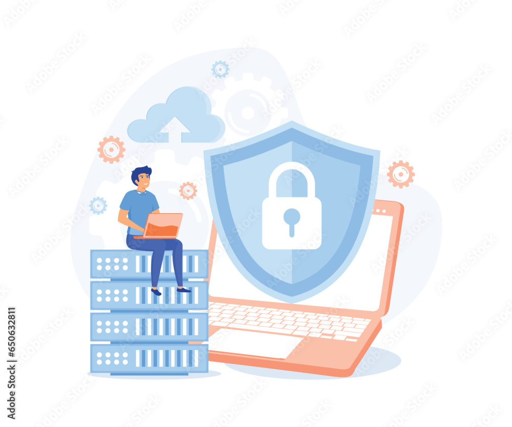 Poster database security, phishing, hacker attack concept. hackers stealing personal data, flat vector mode