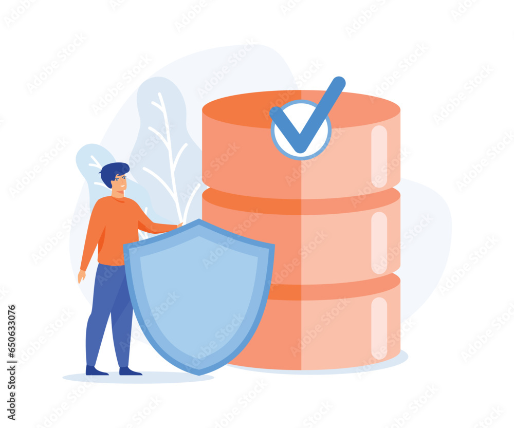 Aufkleber concept of secured database, man holding shield and server or hard disks, flat vector modern illustr